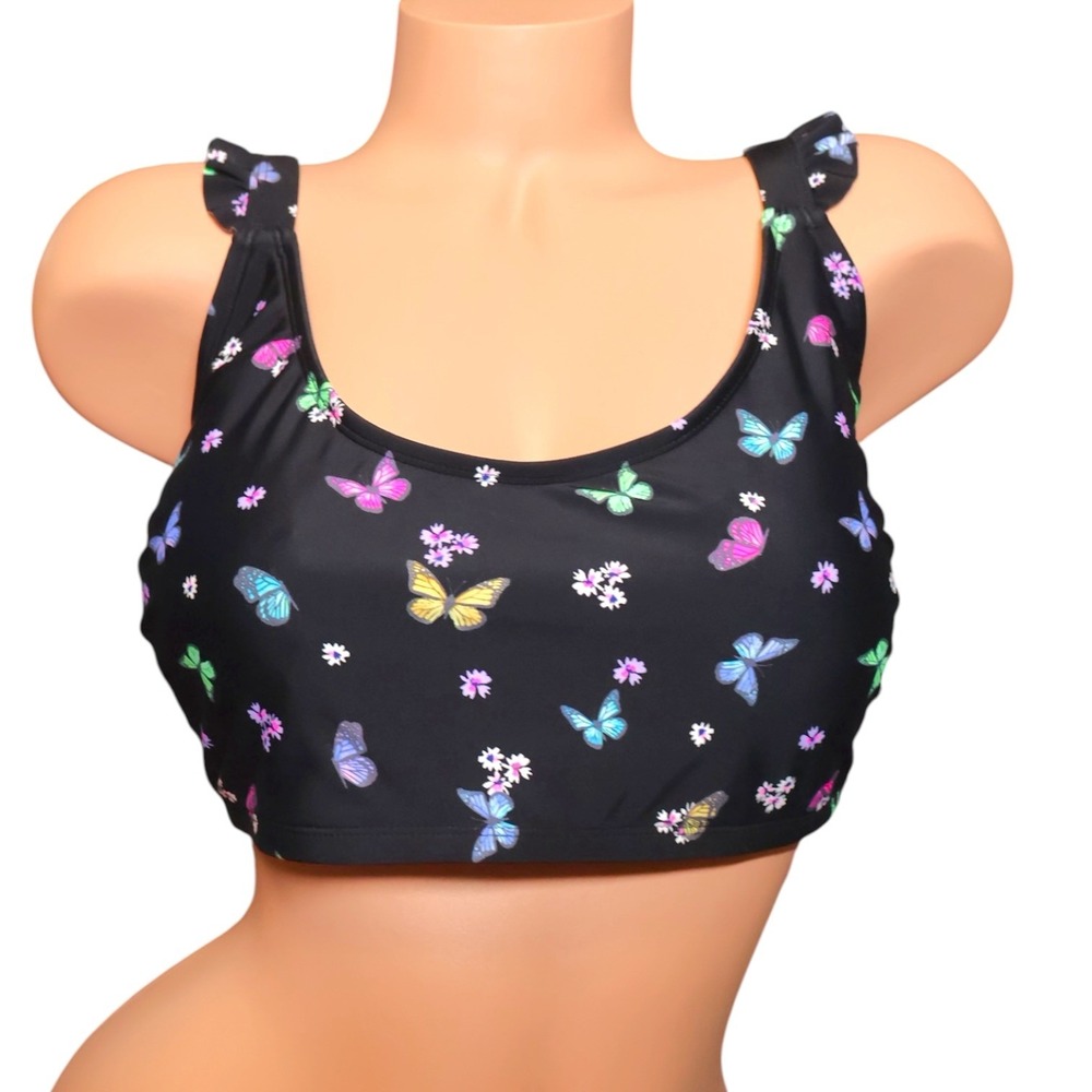 California Waves Plus Black Butterfly Ruffle Strap Bralette Bikini Top NWT 20/22